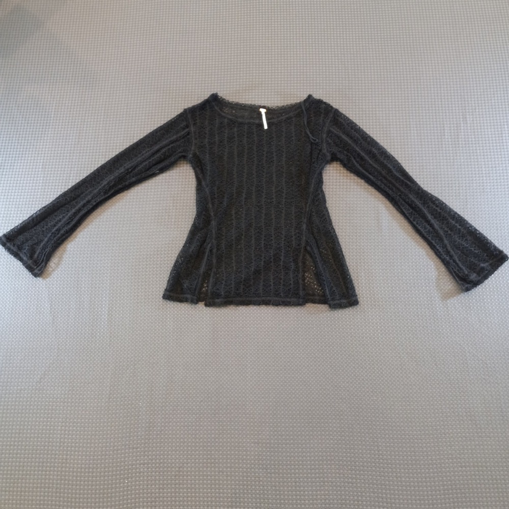 Free People Black Sheer Lace Long Sleeve Bell Sleeve Boho Top Swim Cover Medium
